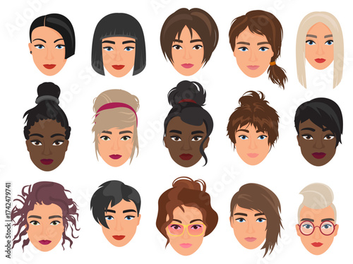 Women heads avatars characters flat cartoon vector illustration set isolated on white background. Beautiful light and dark faces, fashionable various modern and alternative haircuts