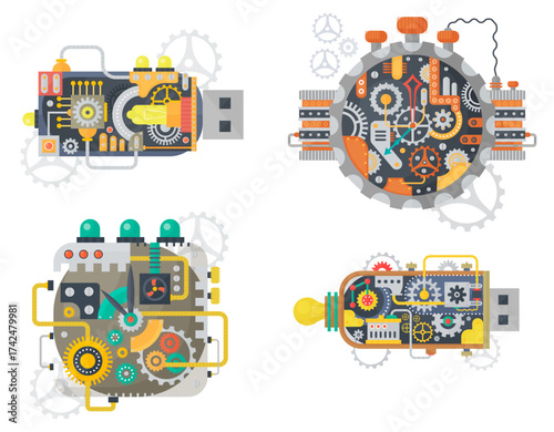 Steampunk vector vintage clock watches face and usb flash drive with cogs and gears isolated