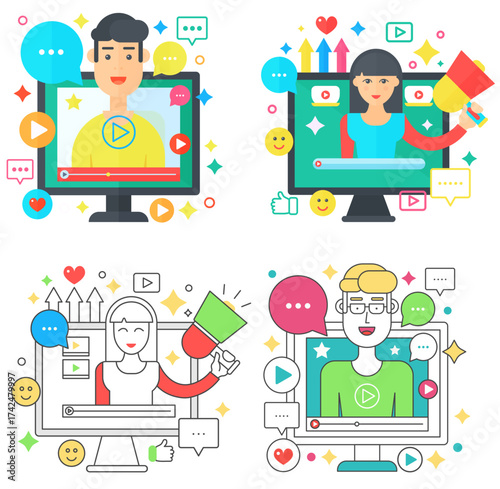 Online video blog design square concepts set with male and female blogger vector illustration