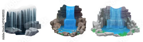 Waterfalls set vector illustration. Cartoon isolated cascades of mountain river or lake with natural water splashes, stream falling on rocks and stones with grass from hill, summer landscape scenes
