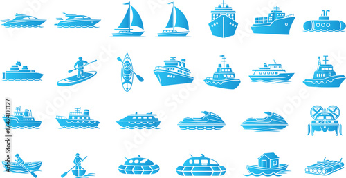 Blue Watercraft Icons Including Yachts, Sailboats, Ships, Kayaks, and Jet Skis on White Background
