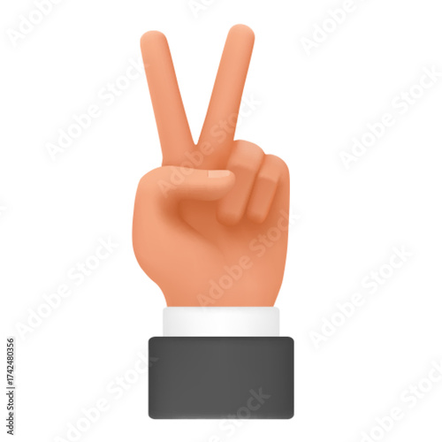 Hand gesture showing victory sign. Two raised fingers, body nonverbal language 3d cartoon illustration
