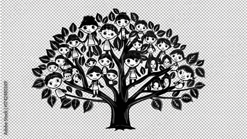 A family tree art with diverse children, symbolizing growth, unity, and connection within a community