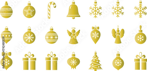 Collection of Golden Christmas Ornaments and Symbols on White Background