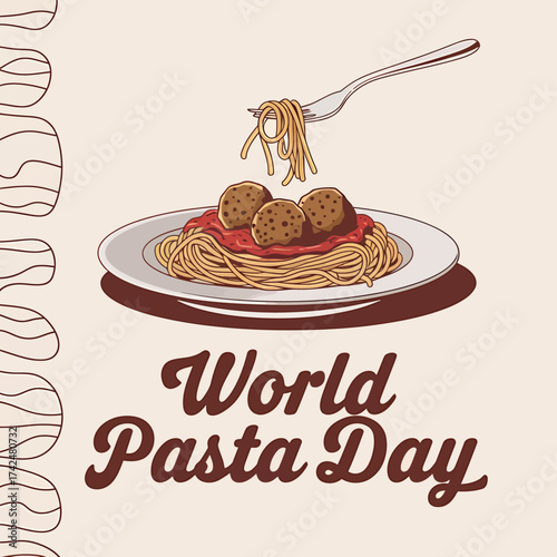 Illustration of spaghetti with meatballs on a plate, with a fork lifting some pasta, celebrating world pasta day