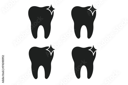 Healthy tooth vector icon set. Dental care and oral hygiene symbol. Clean, shining teeth illustration for dentist, stomatology clinic. Tooth whitening and health concept.