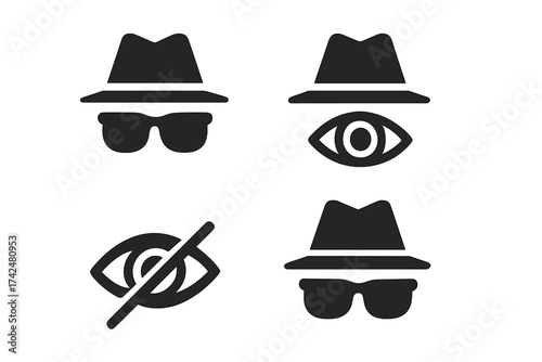 Incognito mode icon set. Spy agent, private browsing, and hidden identity concept. Anonymous user, security, and surveillance vector illustration. Secret agent in a hat.