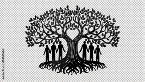 Strong family tree with supportive people, symbolizing unity, growth, resilience, and ancestral connection