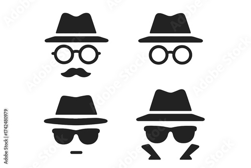 Incognito icon set. Anonymous spy agent, private detective character in disguise with hat, glasses, mustache. Security, privacy, hidden identity concept vector illustration.