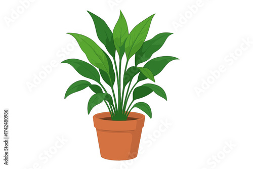 Potted houseplant vector illustration. Green foliage plant in a terracotta pot for home decor. Isolated botanical element for interior design, natural concepts, and office decoration.