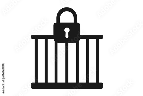 Cage with lock icon vector. Concept of prison, jail, captivity and unfreedom. Symbol of restriction, limit, security and protection. Metaphor for censorship or quarantine.