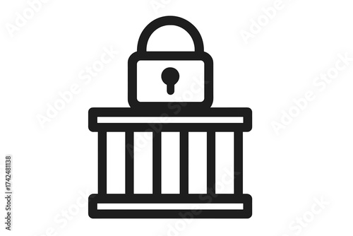 Prison cage icon with lock. Metaphor for lack of freedom, confinement, and imprisonment. Justice system, crime and punishment concept. Locked jail cell vector illustration.