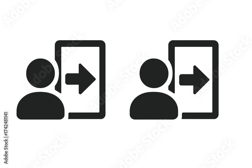 Login and logout vector icon set. User enters and exits door. Sign in, sign out pictogram for website, app interface. Person access, entry, security concept symbol.