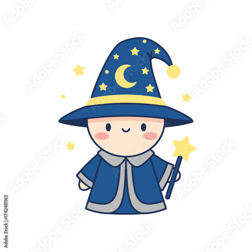 Cute Cartoon Wizard with Starry Hat and Magic Wand.