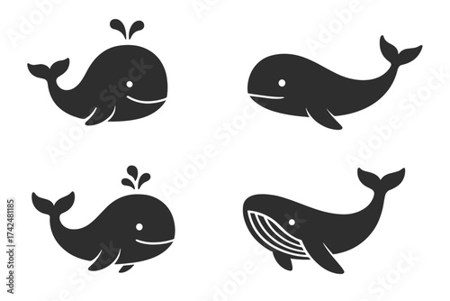 Cute whale vector icon set. Simple black silhouette collection. Marine animal character logo. Ocean life graphic element. Sea mammal symbol illustration. Cartoon aquatic design.