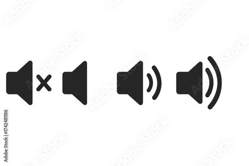 Volume control icon set. Sound speaker symbols for media player interface. Audio button collection with mute, sound on, and volume level signs. Vector illustration graphic.