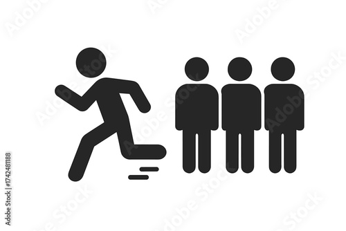 Person running away from a crowd. Man leaving a group of people. Metaphor for individuality, escape, being different, leadership, social distancing, fear, non-conformity. Vector icon.