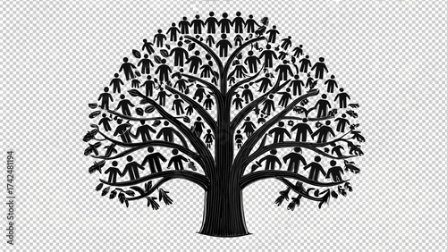 Stylized tree of life with people as leaves symbolizes family, community and genealogy concept