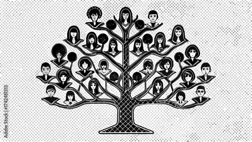 Family history elegantly visualized as a genealogical tree with ancestor portraits, perfect for genealogy projects