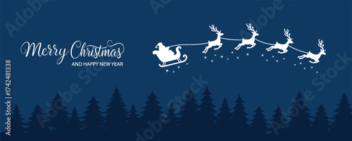 Happy New Year Merry Christmas banner Santa Claus in a sleigh with reindeer vector illustration