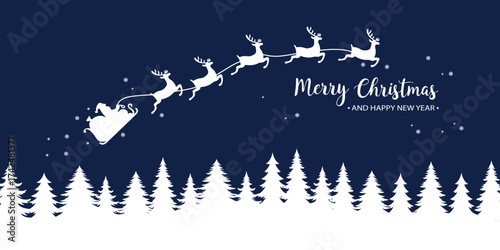 Happy New Year Merry Christmas banner Santa Claus in a sleigh with reindeer vector illustration