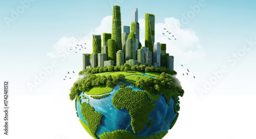 Fototapeta Naklejka Na Ścianę i Meble -  Green city skyline on a lush earth sphere symbolizing eco-friendly urban development