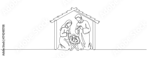 Continuous one line Christmas vector Christian nativity scene of baby Jesus with Mary and Joseph. Bethlehem scene. Editable stroke