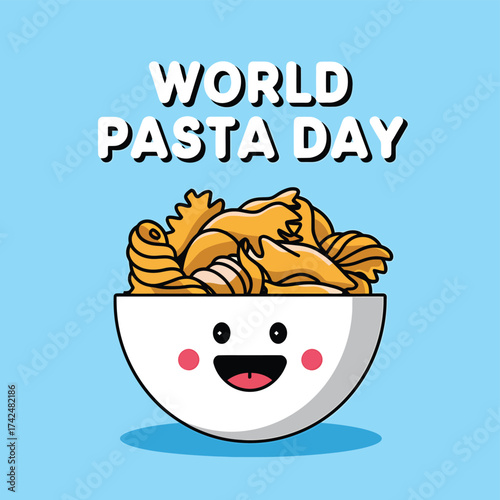 Vector art of cute cartoon bowl of pasta with a happy face celebrating world pasta day on a light blue background