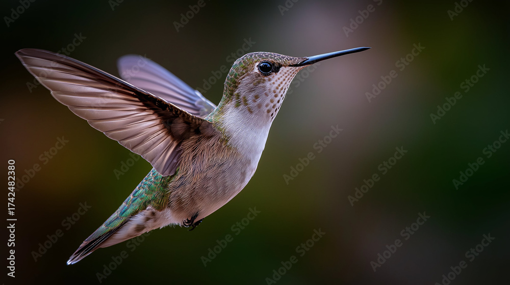 Obraz premium Hummingbird wing motion freeze, vibrant bird with wings outstretched over pink flower, sharp motion detail