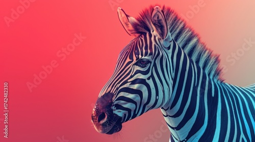Close up portrait of a majestic zebra with vibrant neon lighting