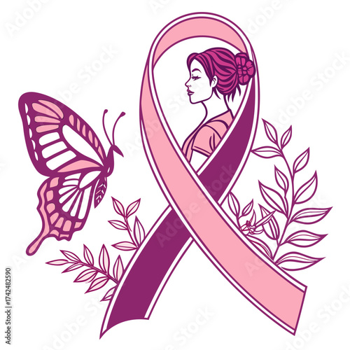 Pink ribbon design for breast cancer awareness with illustration of female and butterfly