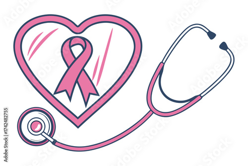 Pink ribbon symbol in a heart shape with a stethoscope, healthcare concept