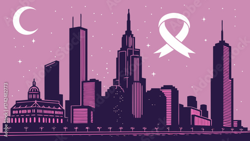 City skyline with breast cancer awareness ribbon and the moon