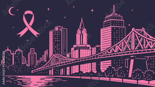 Pink Ribbon above the city skyline and bridge, night time view