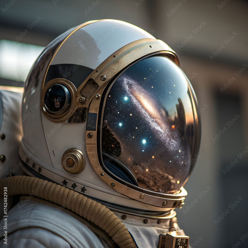 Fototapeta premium Luxury astronaut helmet reflecting galaxy inside.