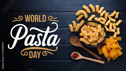 Vector art of world pasta day event with different types of pasta, spices, and text on a dark wooden background, october 25th