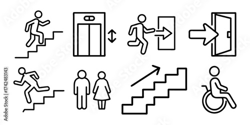 Navigation icon set, elevator, exit, up and down stairs