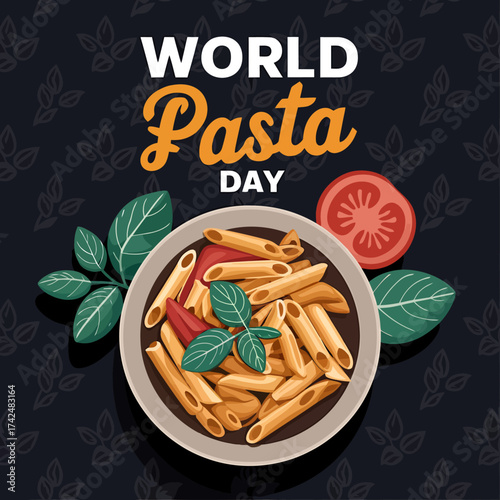 Vector art of world pasta day with a bowl of penne pasta, basil, and tomato slice