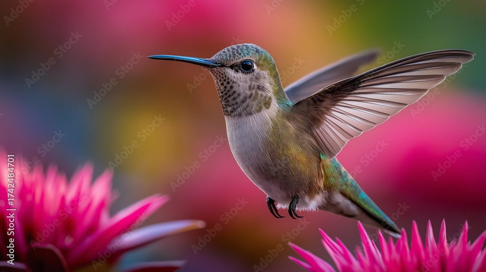 Naklejka premium Hummingbird wing motion freeze, vibrant bird with wings outstretched over pink flower, sharp motion detail