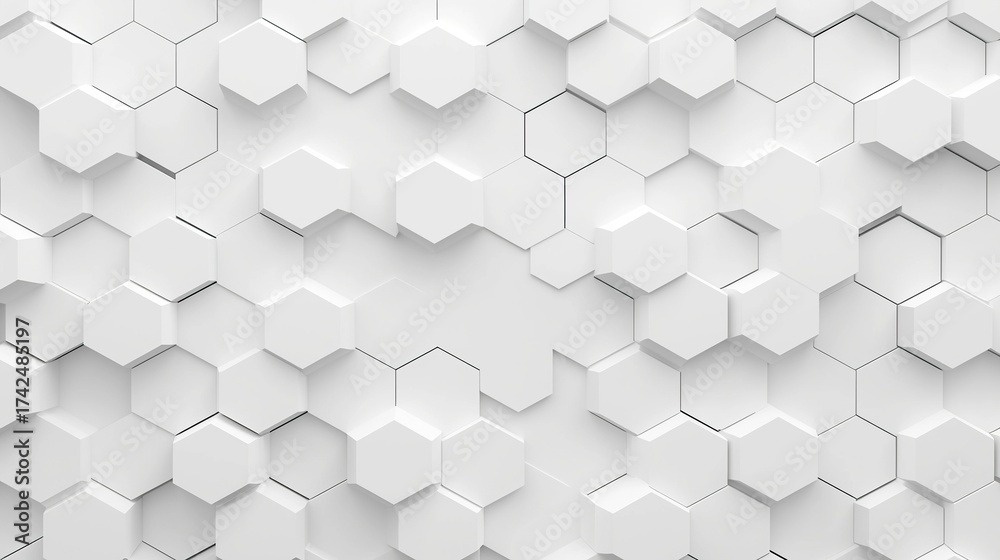 Fototapeta premium A 3D render of white hexagons in an abstract pattern on a pure background, featuring a simple and minimalistic design that’s perfect for creating a modern or futuristic aesthetic.