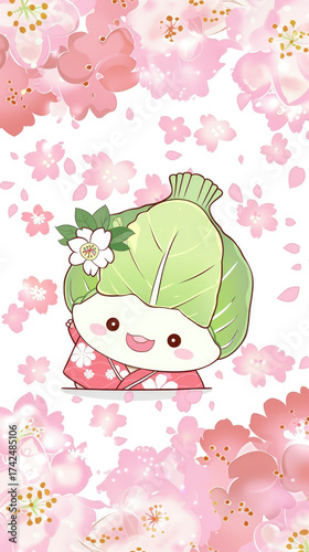 Cute Cartoon Character with Leaf Hat and Floral Background in Adorable Cherry Blossom Theme