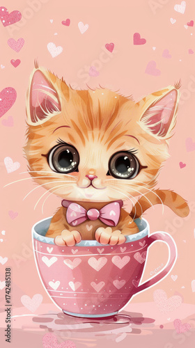 Adorable Cartoon Kitten in a Heart-Patterned Teacup with Pink Background and Floating Hearts