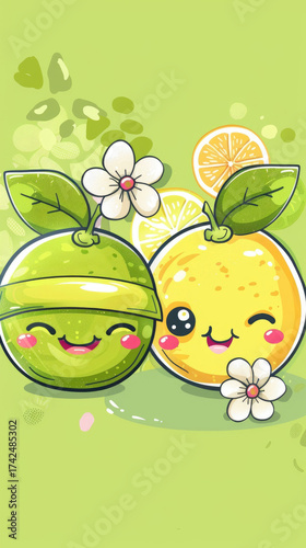 Cute Cartoon Citrus Fruits with Smiling Faces and Flowers on a Green Background