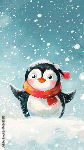 Cute Cartoon Penguin in Snowy Winter Wonderland with Red Scarf and Hat, Surrounded by Falling Snowflakes and Blue Sky