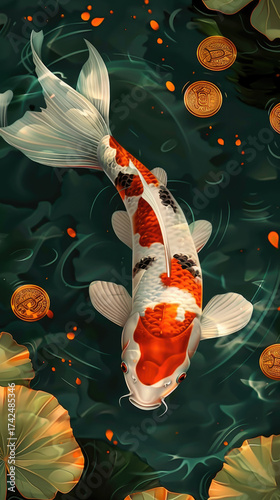 ** Vibrant Koi Fish Swimming Among Gold Coins and Lily Pads in a Tranquil Pond Setting

**
