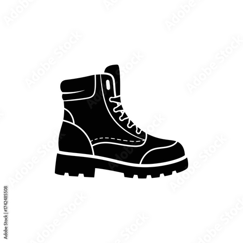 Black silhouette of a sturdy hiking boot with laces isolated on white background silhouette