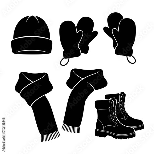 Collection of winter clothing accessories like hat scarf mittens and boots silhouette isolated on white background