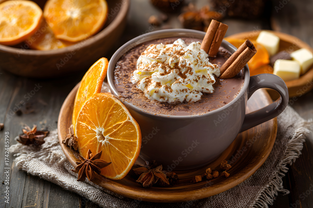 Fototapeta premium a cup of hot chocolate with whipped cream and cinnamon