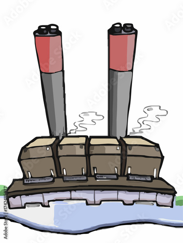 Cartoon illustration of a steamship with two smokestacks emitting smoke