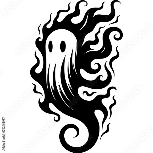 Spooky Silhouette: An ethereal illustration of a ghostly figure wreathed in a shadowy, flame-like design.